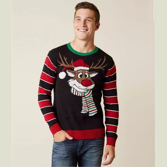 Ugly Christmas Sweater Reindeer Red Nose Backside Kisses Men's size Medium - Picture 3 of 16